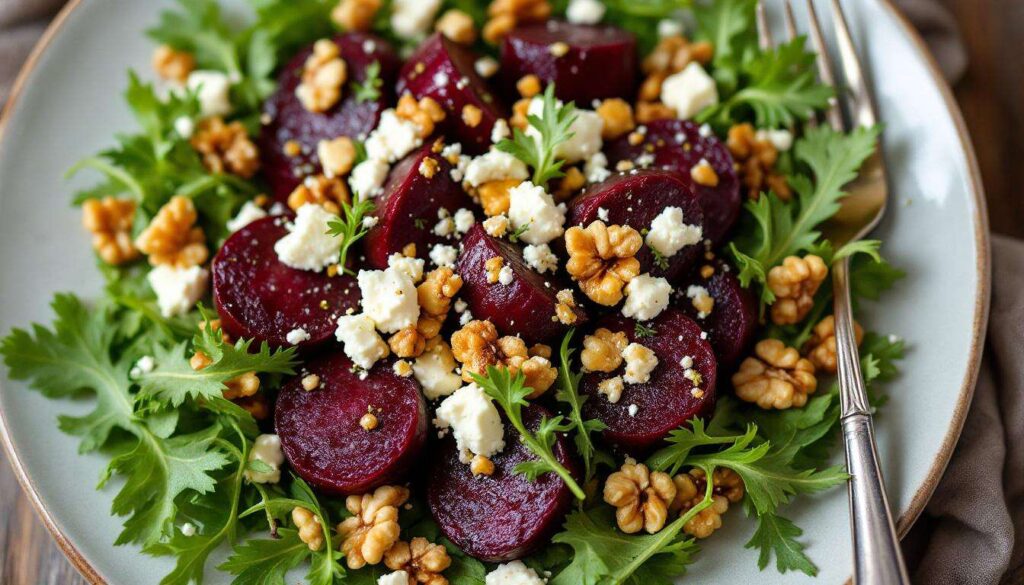 Burak pieczony podaję z fetą i orzechami. Sałatka na Dzień Kobiet, którą zrobisz w kwadrans