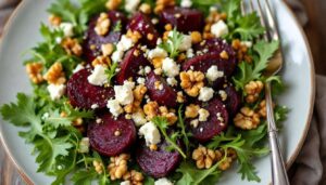 Burak pieczony podaję z fetą i orzechami. Sałatka na Dzień Kobiet, którą zrobisz w kwadrans