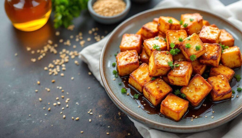 Biorę tofu i marynuję w sosie sojowym. Po upieczeniu jest chrupiące i nawet mięsożercy sięgają po więcej