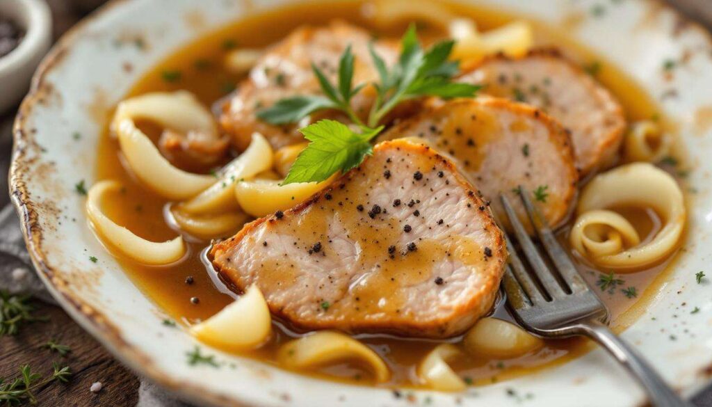 Schab duszę w sosie własnym z cebulą. Mięso kroi się widelcem, a sos jest lepszy niż w barze mlecznym