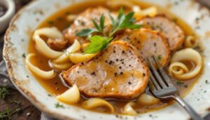 Schab duszę w sosie własnym z cebulą. Mięso kroi się widelcem, a sos jest lepszy niż w barze mlecznym